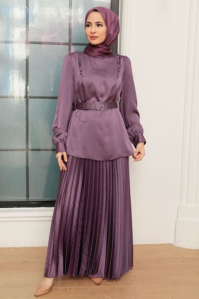 Neva Style - Satin Lilac Skirted Hijab Suit 34621