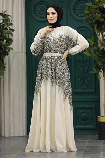 Neva Style Floral Patterned Cream Hijab Dress 39821Kr