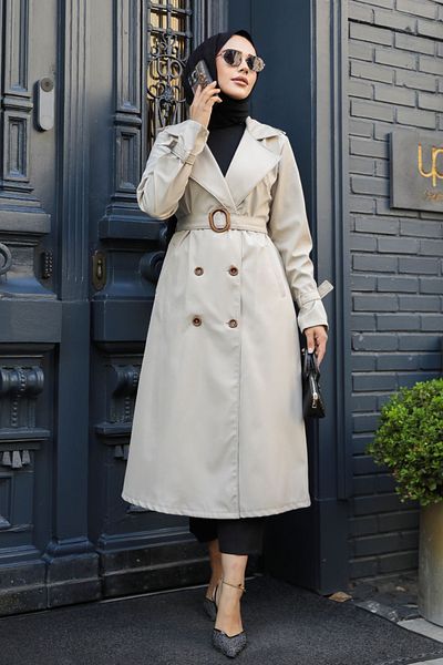 Neva Style Beige Hijab Trench Coat - Buckle and Belt, Model 5942Beige