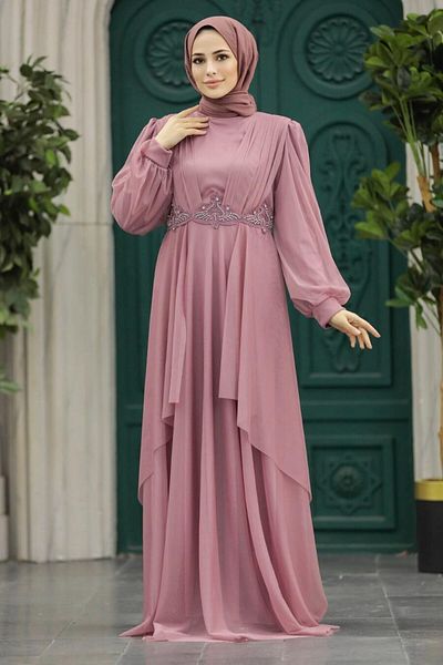 Neva Style Βραδινό φόρεμα με χάντρες Dusty Rose Hijab 22123gk