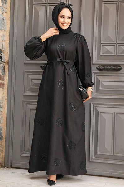 Neva Style Rochie Hijab Neagră - Motiv Floral, Model 30442S