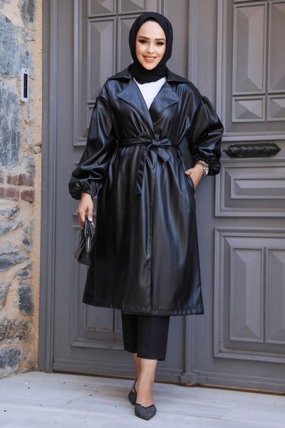 Neva Style Șapcă Hijab neagră din piele 1640S