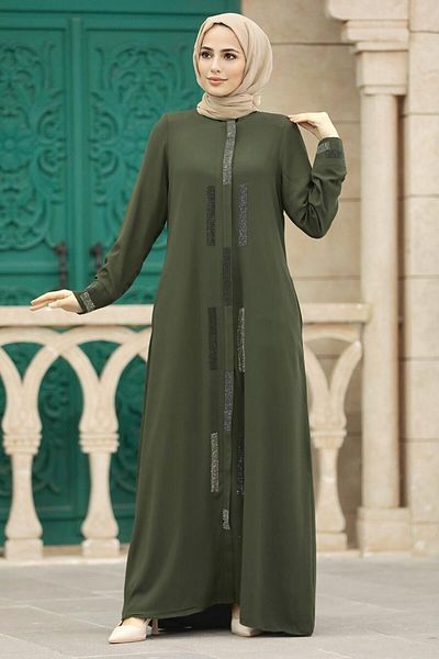 Neva Style Mărgele Detaliat Kaki Hijab Rabia Crep Ferace 616hk
