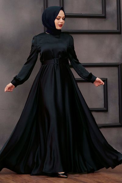 Neva Style Μαύρο χιτζάμπ βραδινό φόρεμα με ζώνη 28890s