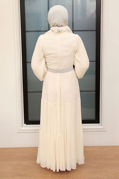 Neva Style Belted Ecru Hijab Dress 3590E
