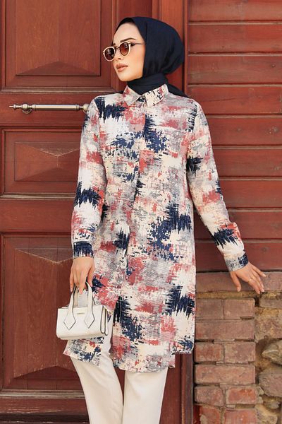 Neva Style تونيك حجاب أزرق كحلي منقوش 11677L