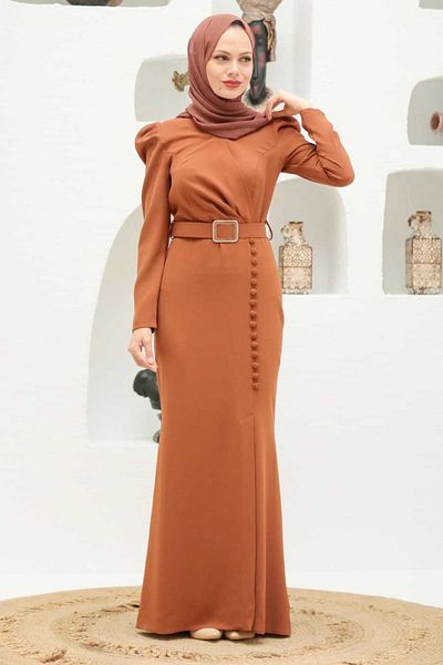 Neva Style Button Detailed Fish Tan Hijab Evening Dress 3231Tb