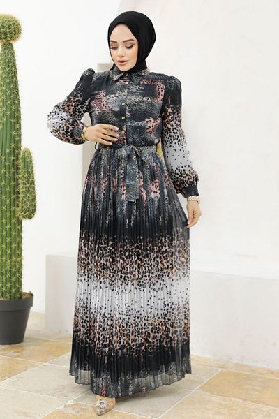 Neva Style Rochie neagră cu hijab cu model leopard 3878s