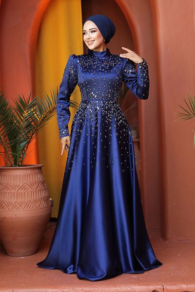 Neva Style Beaded Detailed Navy Blue Hijab Satin Evening Dress 25894L