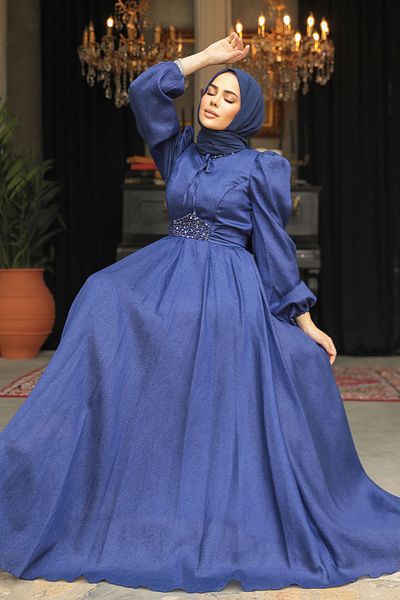 Neva Style Βραδινό φόρεμα Hijab Navy Blue με μανίκια μπαλόνι 45581l