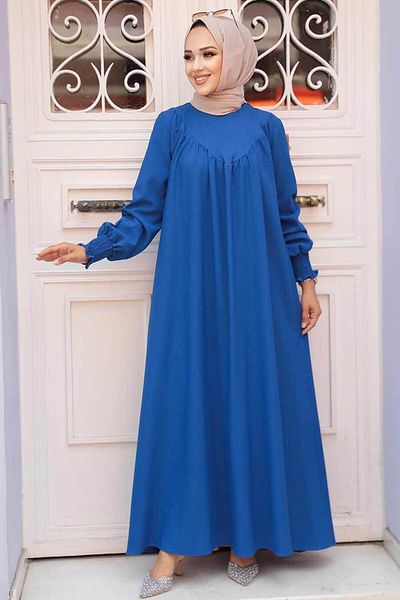Neva Style Rochie Hijab Albastru Indigo cu Detaliu Drape 23211IM