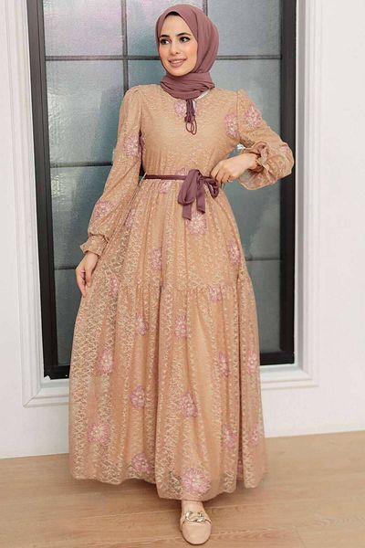 Neva Style Rochie Hijab Biscuit cu Motiv Floral 1216bs