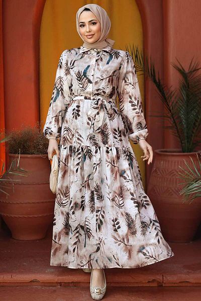 Neva Style Flower Patterned Brown Hijab Dress 60891KH