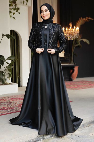 Neva Style Rochie de seara cu hijab - Rochie de seara din satin negru cu hijab cu detaliu jacheta 25881s