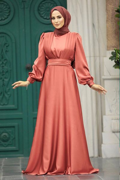 Neva Style Drape Detailed Light Rose Dried Hijab Satin Evening Dress 40621Agk