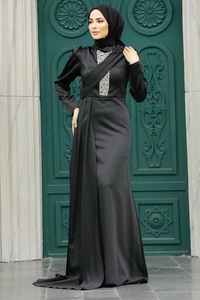 Neva Style Rochie de seară hijab din satin negru cu trenă 22891s