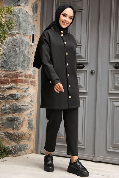 Neva Style Set dublu Hijab negru - cu nasturi, 12391S