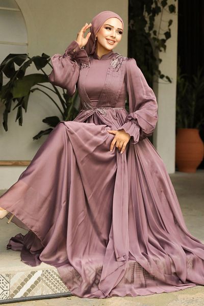 Neva Style Βραδινό φόρεμα Hijab με μανίκια μπαλόνι καφέ 21910kh