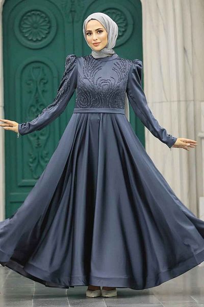 Neva Style Rochie de seara Hijab - Rochie de seara Hijab din satin antracit brodat cu margele 23191ant