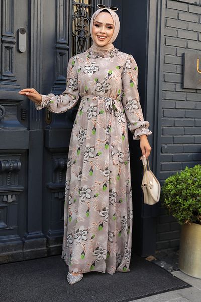 Neva Style - Rochie Hijab Bej cu Motiv Floral 29710bej