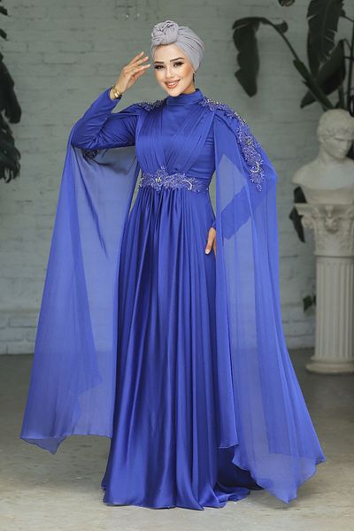 Neva Style Indigo Blue Hijab Evening Dress with Cape 22130ım
