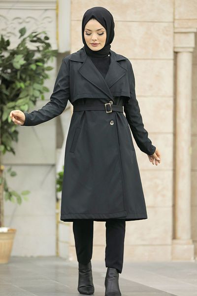 Neva Style - Trenci negru hijab cu centură cu cataramă 59371s