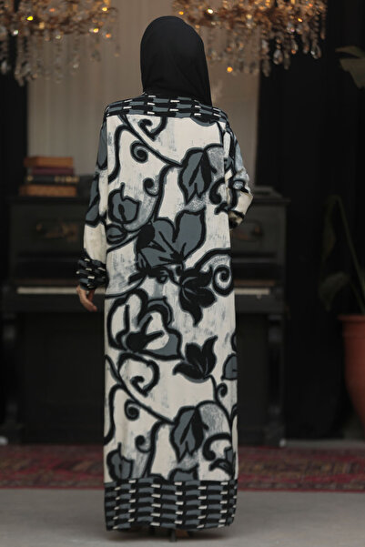 Neva Style Floral Patterned Black Hijab Dress 23171S