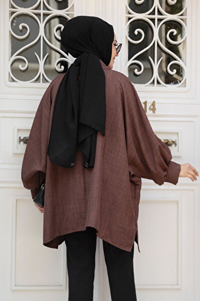 Neva Style Bat Sleeve Dark Brown Hijab Tunic 11853KKH