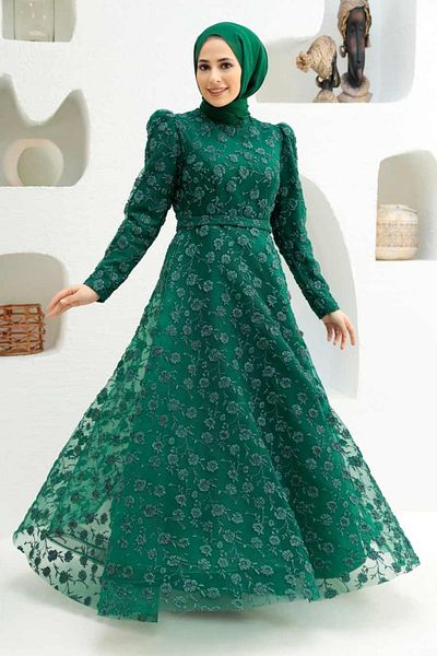 Neva Style Lacy Green Hijab Evening Dress 2238Y
