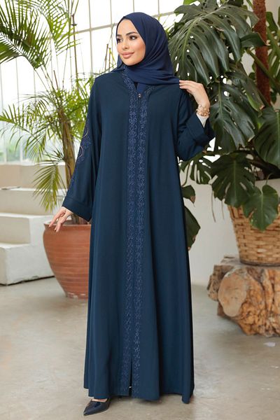 Neva Style Bead Embroidered Dark Blue Hijab Ferace 35166L