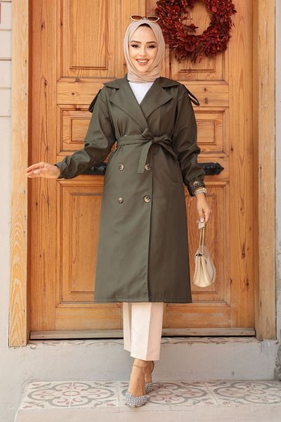 Neva Style Trench modest kaki închis - cu nasturi, 647KHK