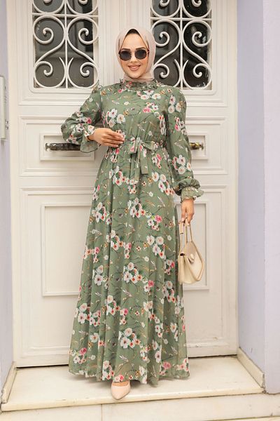 Neva Style Φόρεμα Hijab Χακί με λουλούδια 29711hk