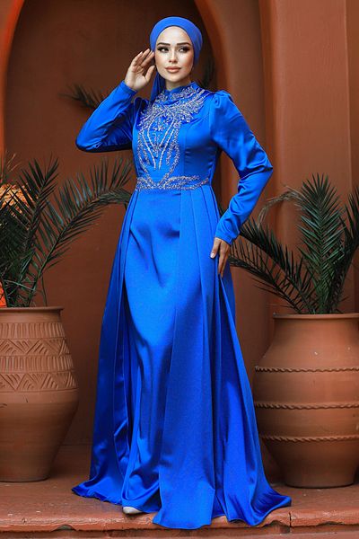 Neva Style Rochie de seara Hijab - Rochie de seara din satin Hijab albastru cu coada 25878m