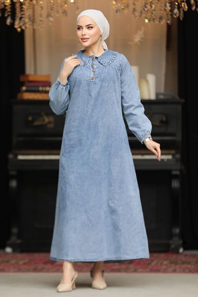 Neva Style Pocket Detailed Blue Hijab Dress 19101M