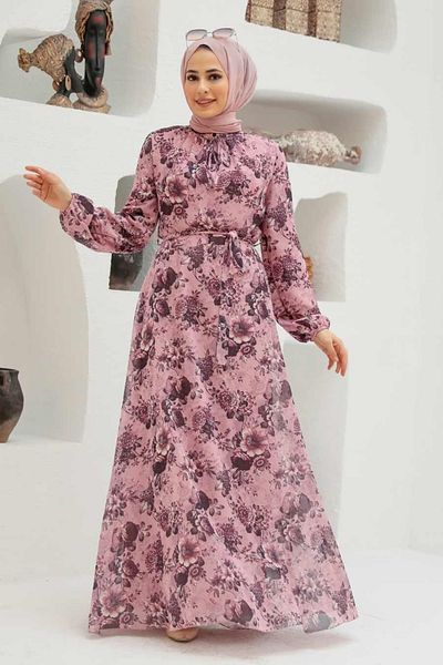 Neva Style Floral Patterned Powder Hijab Dress 279055 Pd