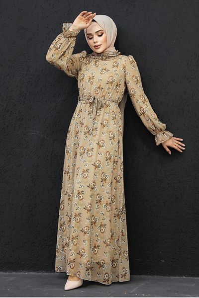 Neva Style Rochie Hijab Biscuit cu Motiv Floral 29713bs