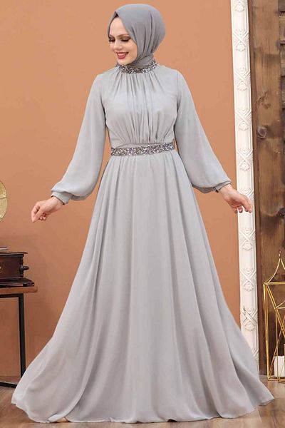 Neva Style Rochie de seara hijab gri cu maneca balon 5339gr