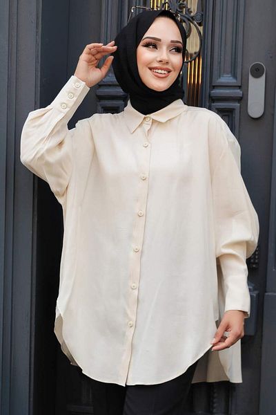 Neva Style - Cămașă Hijab Bej Lungă la Spate 10236bej