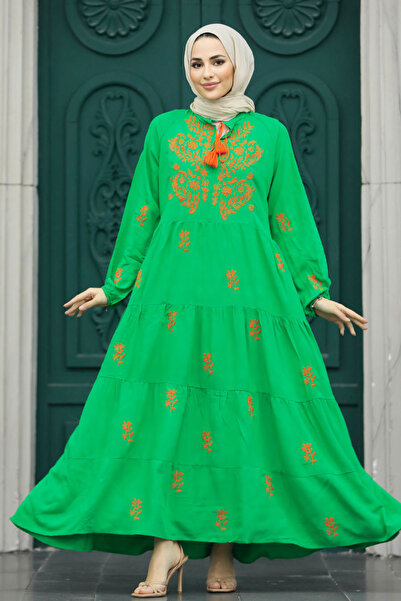 Neva Style Flower Detailed Green Hijab Dress 40110Y