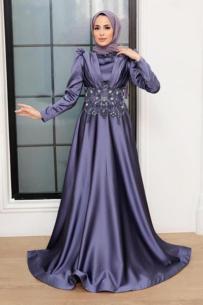 Neva Style Βραδινό φόρεμα με χάντρες Indigo Blue Satin Hijab 22640ım