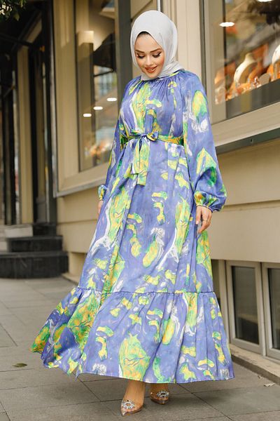Neva Style Patterned Blue Hijab Dress 23154M