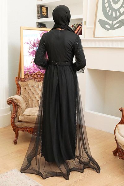 Neva Style Βραδινό φόρεμα με παγιέτες κεντημένο μαύρο χιτζάμπ 56291s