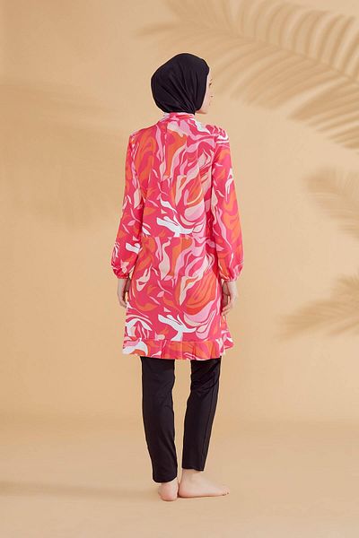 Neva Style Patterned Fuchsia Full Covered Hijab Swimsuit M2322F