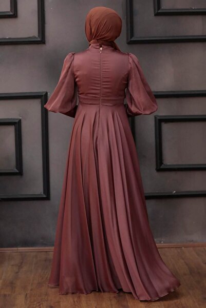 Neva Style Pearl Detailed Dark Copper Hijab Evening Dress 21930Kbkr