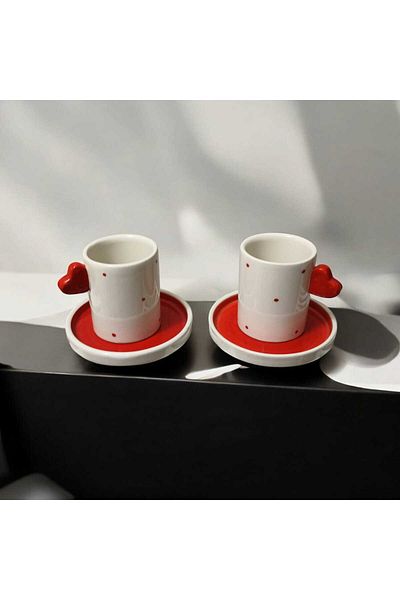 seda seramik Handmade Design Heart Handled 2-Person 4-Piece Coffee Cup Set 110 ml