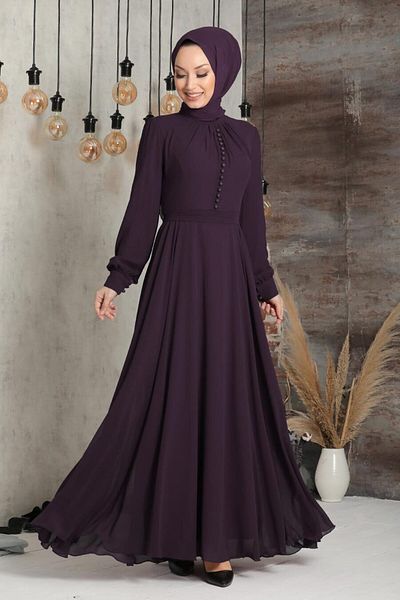 Neva Style Μωβ Φόρεμα Hijab με λεπτομέρεια με κουμπί 2703μωβ