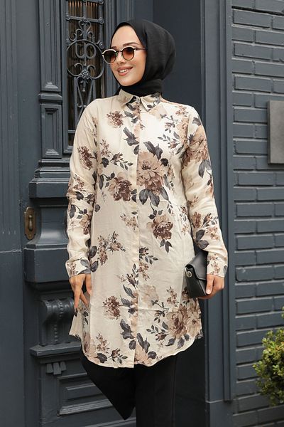Neva Style Tunica Hijab Bej cu Motiv 11550bej