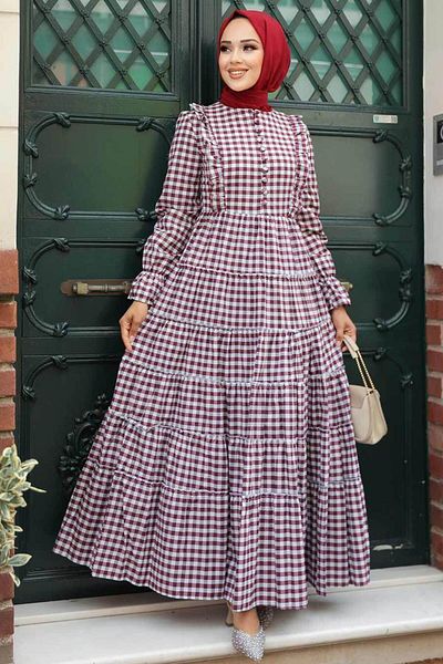 Neva Style Plaid Plum Hijab Dress 27090Mu