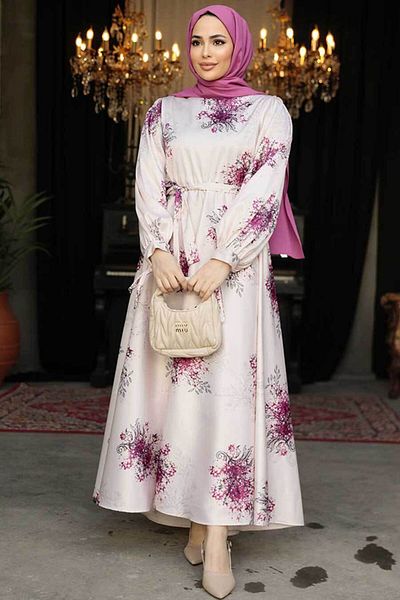 Neva Style Floral Patterned Plum Hijab Dress 60911MU