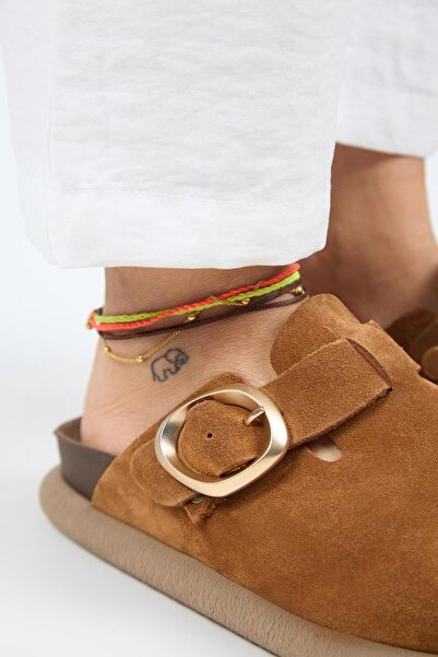 Manijero (Ασυμμετρία) Γυναικείες παντόφλες Sabo Tan με ζώνη αγκράφα από γνήσιο δέρμα